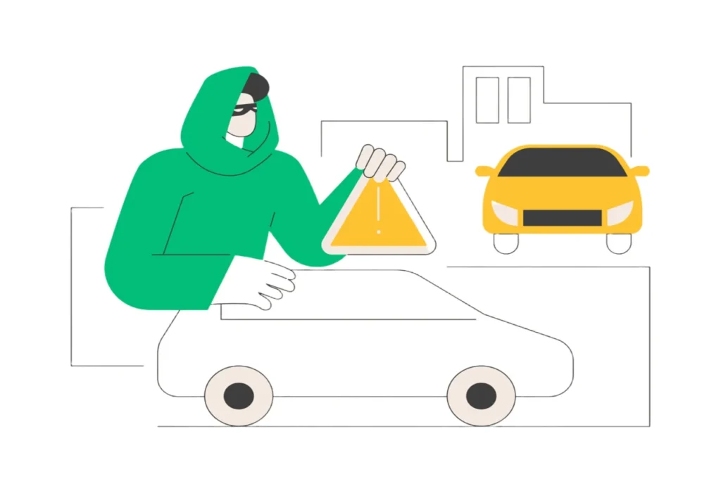 Person in hoodie near car warning