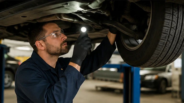 Mechanic inspecting the underside of a used vehicle during a pre-purchase inspection in Canada