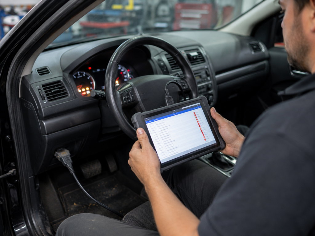 Technician performing a full vehicle electrical module scan with a diagnostic table