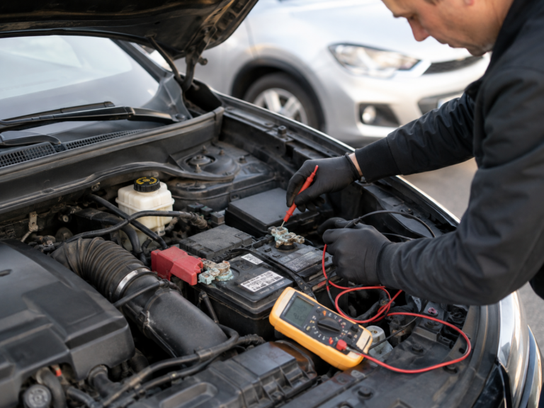 Technician testing a used car battery and electrical connections with a digital multimeter for car electrical issues