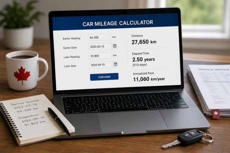 Car mileage calculator comparing two dated odometer readings and calculating annualized mileage